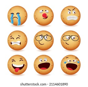 Diseño de conjunto de vectores de emoji de cocina. Emoji de pan de jengibre de galleta en alegre, caras de ira y llanto aisladas en el fondo blanco para la linda colección de personajes de caricatura. Ilustración vectorial.
