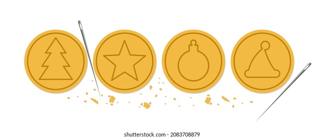 Cookies featuring a Christmas tree, star, ball and Santa hat.Sign, symbol, icon or logo.Cartoon vector illustration on transparent background