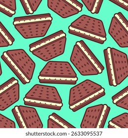 Cookies with filling pattern seamless. Chocolate cookies with cream background.
