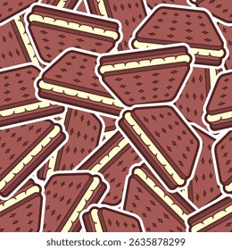 Cookies with filling pattern seamless. Chocolate cookies with cream background.