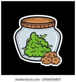 Kekse Geschmack mit Cartoon Maskottchen von Weed Bud on Jar. Für Aufkleber und Etikett. Vektorgrafik und Illustration.