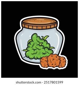 Cookies Flavor With Cartoon Mascot of Weed Bud On Jar. For Sticker and label. Vector and Illustration.