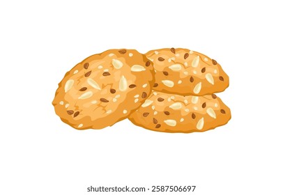 Cookies with flax, sesame and sunflower seeds isolated on white background. Vector cartoon flat illustration.