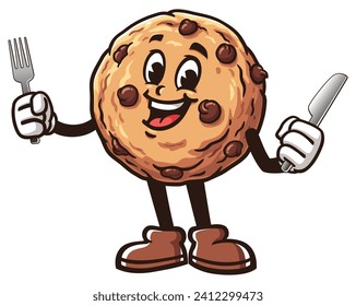 Cookies with fork and knife cartoon mascot illustration character vector clip art hand drawn