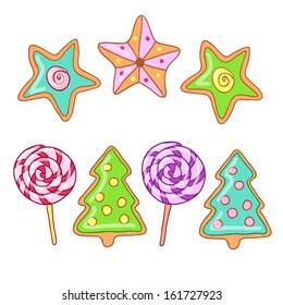 Cookies in the form of Christmas trees and stars and lollipops  on a white background