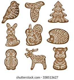 Cookies in the form of figures of animals, birds and trees: bullfinch, bear, hare, hedgehog, owl, squirrel, moose