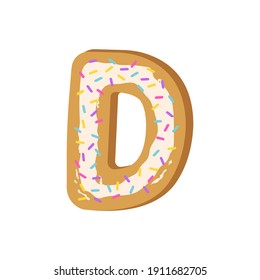 Cookies in the form of the letter D. Alphabet made from cookies with confetti. Vector illustration of letters. Cute font design, object isolated.