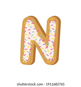 Cookies in the form of the letter N. Alphabet made from cookies with confetti. Vector illustration of letters. Cute font design, object isolated.