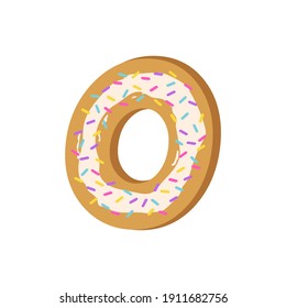Cookies in the form of the letter O. Alphabet made from cookies with confetti. Vector illustration of letters. Cute font design, object isolated.