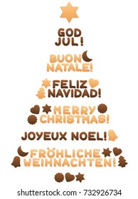 Cookies forming a christmas tree and wishing MERRY CHRISTMAS in spanish, english, swedish, italian, french and german words as a symbol for global xmas joy and peace - isolated vector on white.