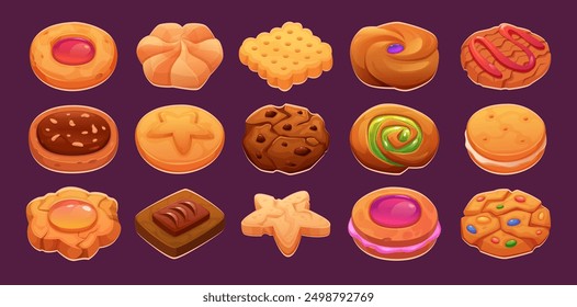 Cookies. Fresh snack products different kind of cookies exact vector bakery dessert products