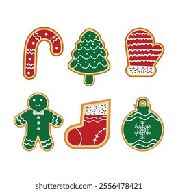 Cookies with gingerbread for Christmas celebrations. Christmas sugar cookie vector illustration set. Snowflakes, candy, a tree, a gingerbread man, and others.