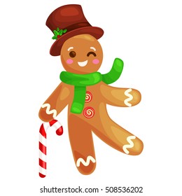 cookies gingerbread man, decorated with icing holding a candy, xmas sweet food vector illustration of christmas