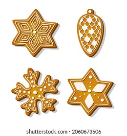 Cookies gingerbread in shape of star, snowflake and pine cone with frosting in a cartoon style. Festive sweet cookies on white background. Homemade dessert. Vector illustration