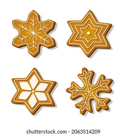 Galletas de Navidad con pan de jengibre en forma de estrella y copo de nieve con azúcar glaseado en un estilo de caricatura. Galletas dulces festivas sobre fondo blanco. Postre casero. Ilustración del vector