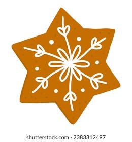 Kekse nehmen Lebkuchen in Form von Stern und Schneeflocken mit Zuckerverglasung im Cartoon-Stil. Festliche süße Kekse auf weißem Hintergrund. Eigener Nachtisch. Vektorgrafik