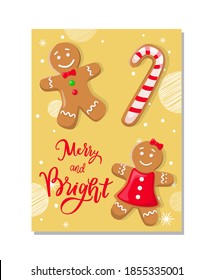 Cookies of gingerbread smiling girl in dress and boy with bow and buttons with candy. Merry and Bright design paper card with Christmas pastries vector