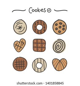 Cookies hand drawn vector illustration. Types of different sweets. Great poster for nursery or child t-shirt with words cookies 