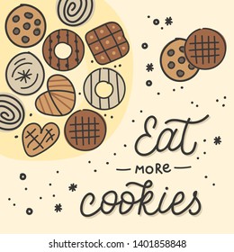 Cookies hand drawn vector illustration. Types of different sweets. Great poster for nursery or child t-shirt with words cookies 