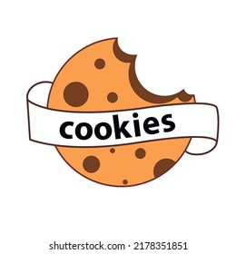 Cookies ,hand lettering, brand name logo, , brown letters with the chocolate chip on the ribbon, vector illustration. Bitten cookie. Cartoon Style for a card, packaging, Banner, Flyer, Sticker.