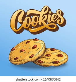 Cookies hand lettering, custom typography, cartoon letters with sketch colorful pair of biscuits. Vector food type illustration