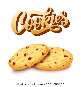 Cookies hand lettering, custom typography, cartoon letters with yummy sketch colorful pair of biscuits. Vector food type illustration