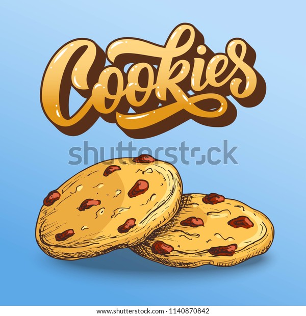 Cookieの手書き カスタムタイポグラフィ スケッチのカラフルなビスケットのペアを持つ漫画の文字 ベクターフードのイラスト のベクター画像素材 ロイヤリティフリー