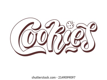 Cookies,  hand lettering. White letters with brown outline and dark brown chocolate cookie. Logo for products, stickers, cards, packages. Digital vector illustration