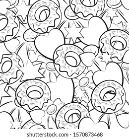 Cookies, heart, stars and donuts. Festive texture. Contour image of cookies, stars and hearts and cookies. Design element. Vector illustration.