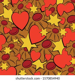
Cookies, heart, stars. Festive texture. Color image of brown cookies, golden stars and red hearts. Design element. Vector illustration.
