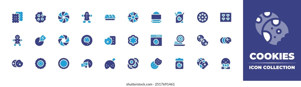 Cookies icon collection. Duotone color. Vector illustration. Containing cookiejar, biscuit, biscuits, cookies, fortunecookie, cookie, bakingtray, gingerbreadman.