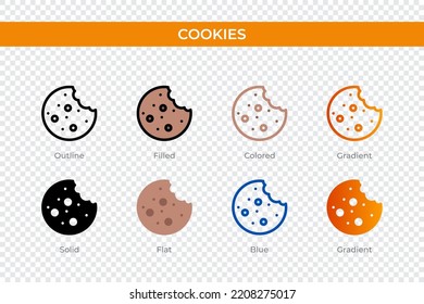 icono de cookies de diferente estilo. iconos vectoriales de cookies diseñados en contorno, sólido, colorido, relleno, degradado y plano. Símbolo, ilustración del logotipo. Ilustración del vector