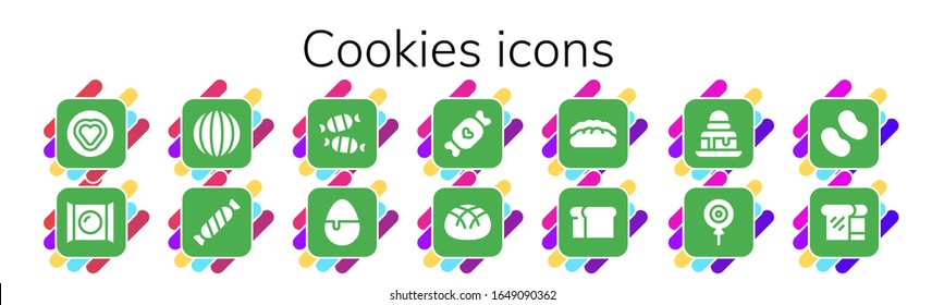 cookies icon set. 14 filled cookies icons.  Simple modern icons such as: Candy, Bread, Brownie