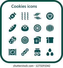  cookies icon set. 16 filled cookies icons. Simple modern icons about  - Candy, Bread, Cookies, Cinnamon roll, Cannoli, Candies