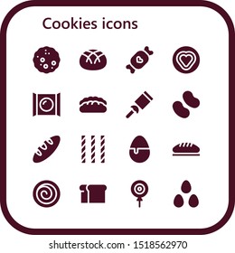 cookies icon set. 16 filled cookies icons.  Collection Of - Bread, Candy, Cinnamon roll, Candies icons