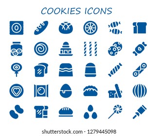  cookies icon set. 30 filled cookies icons. Simple modern icons about  - Candy, Bread, Cookies, Cinnamon roll, Brownie, Cannoli, Candies, Sweet