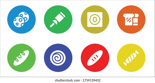 cookies icon set. 8 filled cookies icons. Included Cookies, Bread, Candy, Cinnamon roll icons