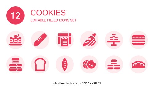 cookies icon set. Collection of 12 filled cookies icons included Brownie, Bread, Cookies, Macaron, Macarons