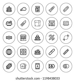 Cookies icon set. collection of 25 outline cookies icons with bakery, bread, cake slice, candy, brownie, cinnamon roll icons. editable icons.