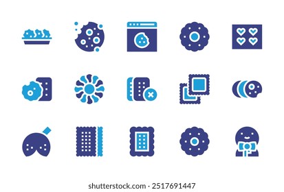 Cookies icon set. Duotone color. Vector illustration. Containing cookie, cookies, fortunecookie, biscuit, bakingtray, shortbread, gingerbreadman, crackers.