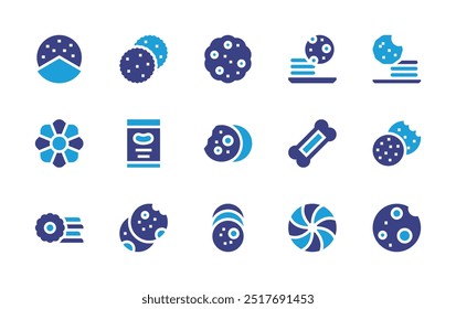 Conjunto de iconos de cookies. Color duotono. Ilustración vectorial. Contiene galletas, galletas de mantequilla, galletas, galletas, golosinas.