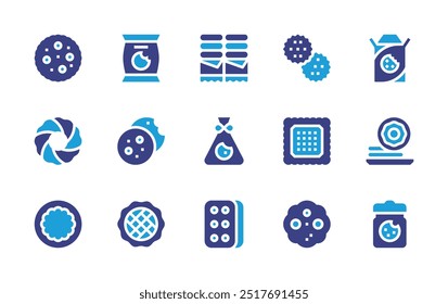 Conjunto de iconos de cookies. Color duotono. Ilustración vectorial. Contiene galletas, utensilios de cocina, galletas, galletas, aperitivos, galletas.