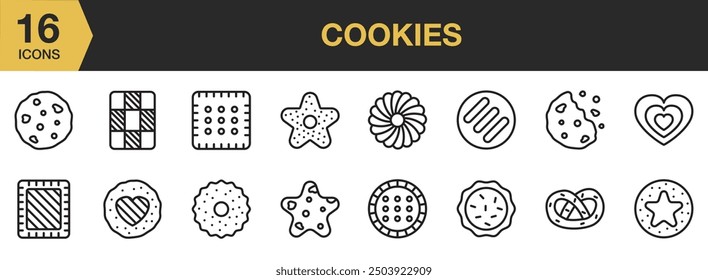 Conjunto de iconos de cookies. Incluye galletas, gofres, horneados, chips, galletas y más. Colección de Vector de iconos de contorno.