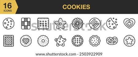 Cookies icon set. Includes biscuits, waffle, baked, chip, cracker, and More. Outline icons vector collection.