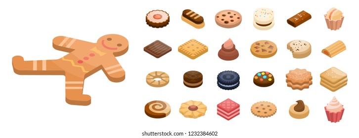 Cookies icon set. Isometric set of cookies vector icons for web design isolated on white background