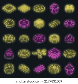 Juego de iconos de cookies. Conjunto isométrico de cookies vectores iconos neón en negro
