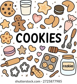 Conjunto de ilustración de galletas con herramientas para hornear, ingredientes y dulces en colores pastel suaves. Elementos de postre de estilo doodle plano dibujado a mano para recetas, empaques, menús y diseño de panadería.