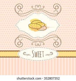Cookies illustration. Vector hand drawn card with watercolor splashes. Sweet polka dots and stripes design. Invitation card template. 