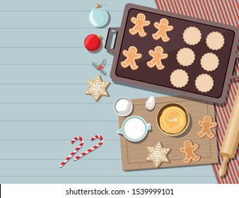 Cookies with ingredients for cooking christmas baking. Sugar, eggs and spices on kitchen table,top view. Vector Ilustration