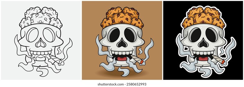 Cookies Inside Skull Head With Smoking Character Cartoon. Black White, Colorful and Sticker Style. For T shirt print, Brand Logo, Label and Mascot product. Vectors Illustrations